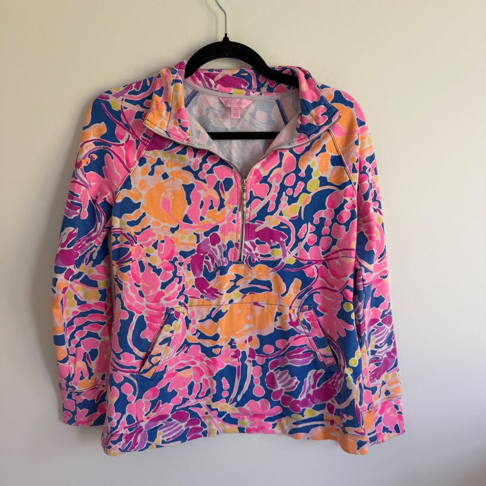Lilly Pulitzer Skipper Popover Pink Blue Floral Half Zip Sweatshirt Small